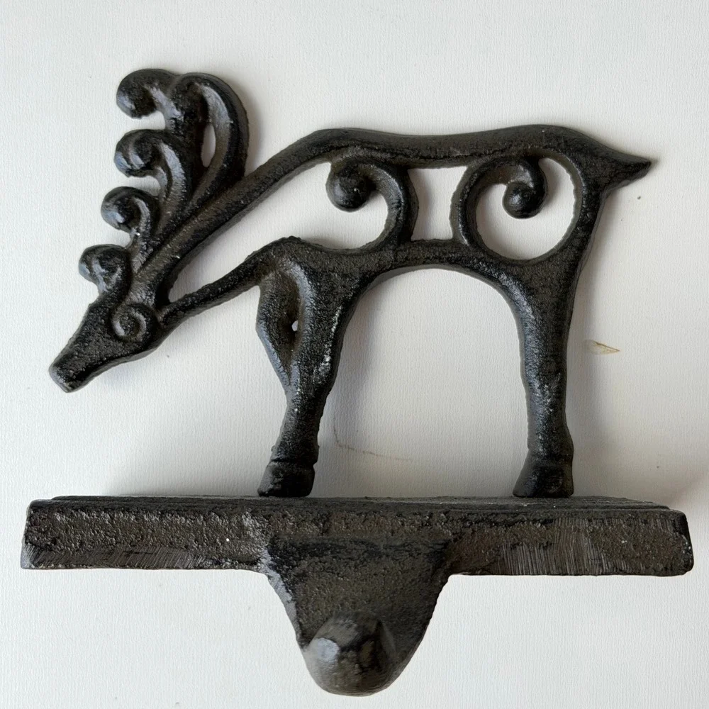 Vintage Cast Iron‎ Reindeer Stocking Hanger Scroll Filigree Rustic